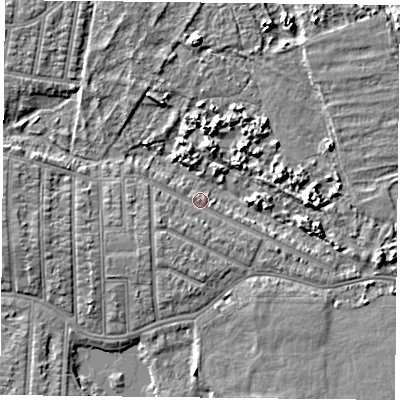 Shaded relief map of the ground around PO36PL, computed from Environment Agency LiDAR. The ground here sits at about 3 m above sea level and falls 5 m across the surrounding 800 m. Surface water reaching this point runs off ground lying to the west-south-west, 3.2 m higher.