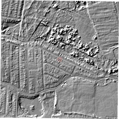 Shaded relief map of the ground around PO36PN, computed from Environment Agency LiDAR. The ground here sits at about 3 m above sea level and falls 5 m across the surrounding 800 m. Surface water reaching this point runs off ground lying to the west, 1.9 m higher.