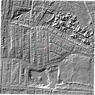 Shaded relief map of the ground around PO36PP, computed from Environment Agency LiDAR. The ground here sits at about 4 m above sea level and falls 5 m across the surrounding 800 m. Surface water reaching this point runs off ground lying to the south-east, 0.6 m higher.
