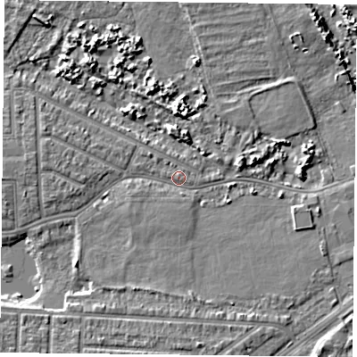 Shaded relief map of the ground around PO36PQ, computed from Environment Agency LiDAR. The ground here sits at about 3 m above sea level and falls 7 m across the surrounding 800 m. Surface water reaching this point runs off ground lying to the south-south-west, 2.7 m higher.