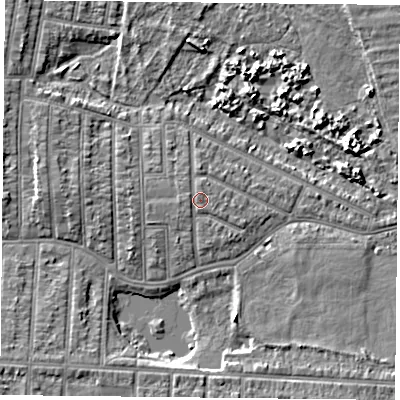 Shaded relief map of the ground around PO36PR, computed from Environment Agency LiDAR. The ground here sits at about 4 m above sea level and falls 5 m across the surrounding 800 m. Surface water reaching this point runs off ground lying to the west-north-west, 0.5 m higher.