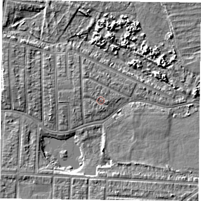 Shaded relief map of the ground around PO36PS, computed from Environment Agency LiDAR. The ground here sits at about 4 m above sea level and falls 5 m across the surrounding 800 m. Surface water reaching this point runs off ground lying to the north-west, 0.8 m higher.