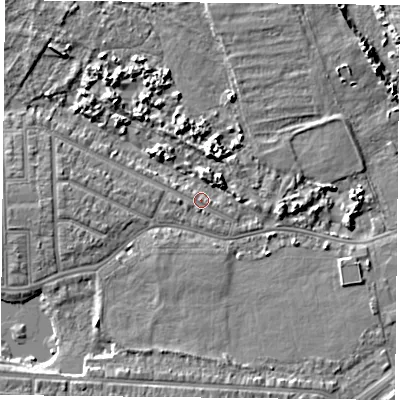 Shaded relief map of the ground around PO36PW, computed from Environment Agency LiDAR. The ground here sits at about 3 m above sea level and falls 7 m across the surrounding 800 m. Surface water reaching this point runs off ground lying to the east-south-east, 1.1 m higher.