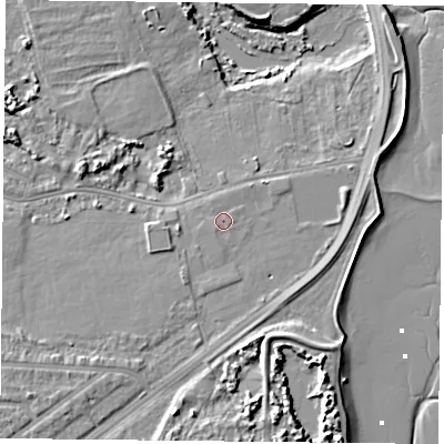 Shaded relief map of the ground around PO36PZ, computed from Environment Agency LiDAR. The ground here sits at about 2 m above sea level and falls 9 m across the surrounding 800 m. The ground contributing surface water to this point lies to the south-west.