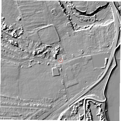 Shaded relief map of the ground around PO36QA, computed from Environment Agency LiDAR. The ground here sits at about 1 m above sea level and falls 9 m across the surrounding 800 m. Surface water reaching this point runs off ground lying to the south-west, 4.0 m higher.