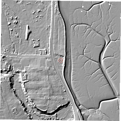 Shaded relief map of the ground around PO36QB, computed from Environment Agency LiDAR. The ground here sits at about 2 m above sea level and falls 7 m across the surrounding 800 m. Surface water reaching this point runs off ground lying to the south-south-east, 2.8 m higher.
