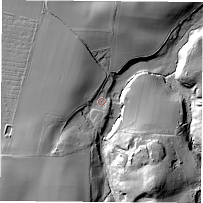 Shaded relief map of the ground around PO377PN, computed from Environment Agency LiDAR. The ground here sits at about 43 m above sea level and falls 54 m across the surrounding 800 m. Surface water reaching this point runs off ground lying to the south-west, 30.7 m higher.