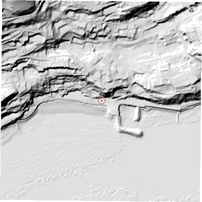 Shaded relief map of the ground around PO381JR, computed from Environment Agency LiDAR. The ground here sits at about 6 m above sea level and falls 133 m across the surrounding 800 m. Surface water reaching this point runs off ground lying to the north, 32.6 m higher.