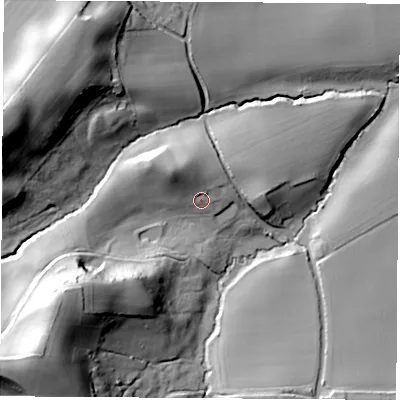 Shaded relief map of the ground around PO382AL, computed from Environment Agency LiDAR. The ground here sits at about 61 m above sea level and falls 58 m across the surrounding 800 m. Surface water reaching this point runs off ground lying to the north-west, 11.2 m higher.