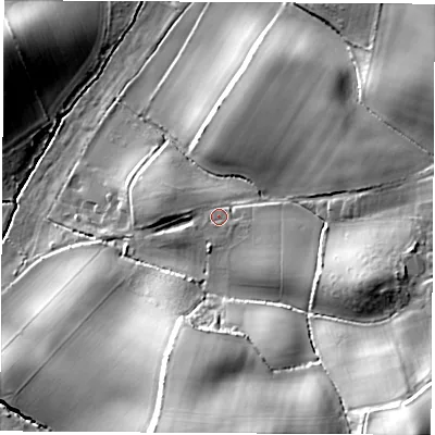 Shaded relief map of the ground around PO382AP, computed from Environment Agency LiDAR. The ground here sits at about 67 m above sea level and falls 49 m across the surrounding 800 m. Surface water reaching this point runs off ground lying to the south-south-east, 2.2 m higher.