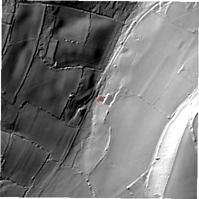 Shaded relief map of the ground around PO382AW, computed from Environment Agency LiDAR. The ground here sits at about 75 m above sea level and falls 66 m across the surrounding 800 m. Surface water reaching this point runs off ground lying to the east-south-east, 60.0 m higher.