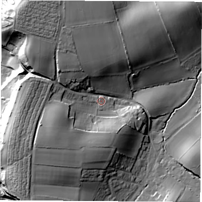 Shaded relief map of the ground around PO382JS, computed from Environment Agency LiDAR. The ground here sits at about 65 m above sea level and falls 27 m across the surrounding 800 m. Surface water reaching this point runs off ground lying to the west-south-west, 17.4 m higher.