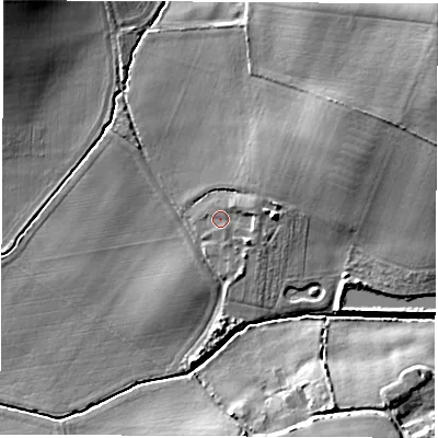 Shaded relief map of the ground around PO382LH, computed from Environment Agency LiDAR. The ground here sits at about 33 m above sea level and falls 21 m across the surrounding 800 m. Surface water reaching this point runs off ground lying to the east-north-east, 2.3 m higher.