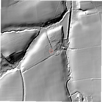 Shaded relief map of the ground around PO382NZ, computed from Environment Agency LiDAR. The ground here sits at about 52 m above sea level and falls 24 m across the surrounding 800 m. Surface water reaching this point runs off ground lying to the south-west, 2.9 m higher.