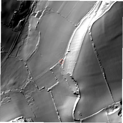 Shaded relief map of the ground around PO382PR, computed from Environment Agency LiDAR. The ground here sits at about 100 m above sea level and falls 80 m across the surrounding 800 m. Surface water reaching this point runs off ground lying to the east-north-east, 33.6 m higher.