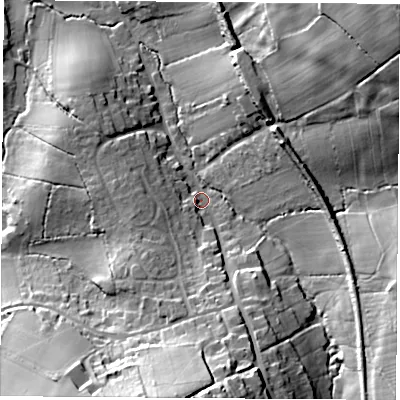 Shaded relief map of the ground around PO382PZ, computed from Environment Agency LiDAR. The ground here sits at about 69 m above sea level and falls 48 m across the surrounding 800 m. Surface water reaching this point runs off ground lying to the south, 29.3 m higher.