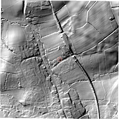 Shaded relief map of the ground around PO382QA, computed from Environment Agency LiDAR. The ground here sits at about 71 m above sea level and falls 59 m across the surrounding 800 m. Surface water reaching this point runs off ground lying to the north-east, 37.1 m higher.
