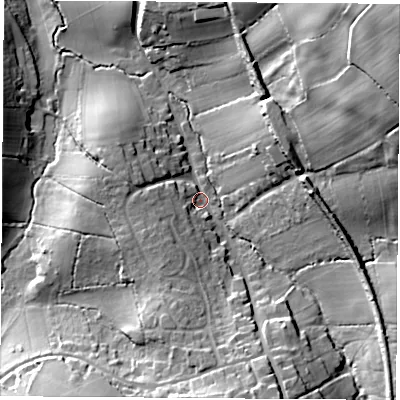 Shaded relief map of the ground around PO382QE, computed from Environment Agency LiDAR. The ground here sits at about 67 m above sea level and falls 48 m across the surrounding 800 m. Surface water reaching this point runs off ground lying to the south-south-east, 22.4 m higher.