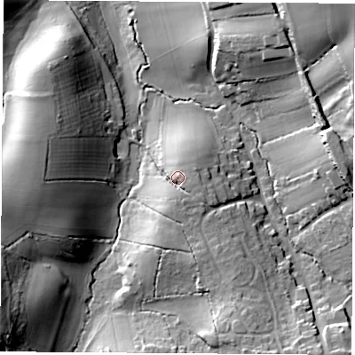Shaded relief map of the ground around PO382QF, computed from Environment Agency LiDAR. The ground here sits at about 72 m above sea level and falls 32 m across the surrounding 800 m. Surface water reaching this point runs off ground lying to the south-east, 6.6 m higher.