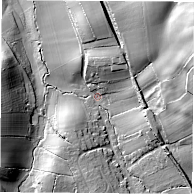 Shaded relief map of the ground around PO382QQ, computed from Environment Agency LiDAR. The ground here sits at about 63 m above sea level and falls 46 m across the surrounding 800 m. Surface water reaching this point runs off ground lying to the east-north-east, 37.8 m higher.