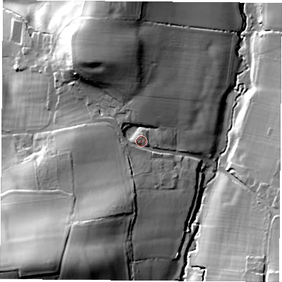 Shaded relief map of the ground around PO383AJ, computed from Environment Agency LiDAR. The ground here sits at about 52 m above sea level and falls 42 m across the surrounding 800 m. Surface water reaching this point runs off ground lying to the west-south-west, 2.5 m higher.