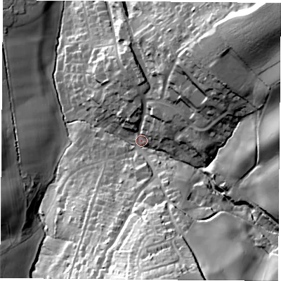 Shaded relief map of the ground around PO383BG, computed from Environment Agency LiDAR. The ground here sits at about 76 m above sea level and falls 69 m across the surrounding 800 m. Surface water reaching this point runs off ground lying to the north-east, 56.9 m higher.