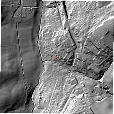 Shaded relief map of the ground around PO383BP, computed from Environment Agency LiDAR. The ground here sits at about 76 m above sea level and falls 57 m across the surrounding 800 m. Surface water reaching this point runs off ground lying to the north-east, 14.0 m higher.