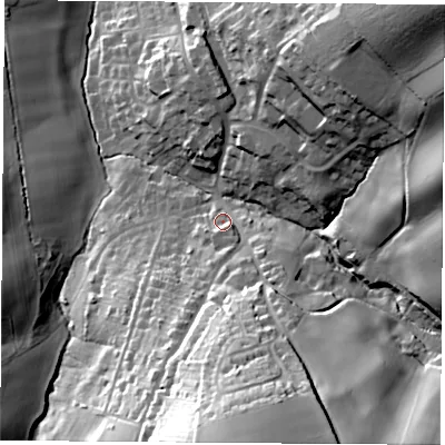 Shaded relief map of the ground around PO383BZ, computed from Environment Agency LiDAR. The ground here sits at about 80 m above sea level and falls 65 m across the surrounding 800 m. Surface water reaching this point runs off ground lying to the south, 51.0 m higher.
