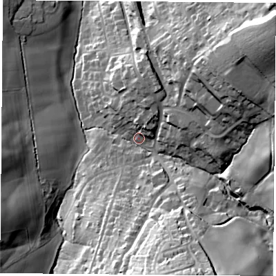 Shaded relief map of the ground around PO383DJ, computed from Environment Agency LiDAR. The ground here sits at about 75 m above sea level and falls 65 m across the surrounding 800 m. Surface water reaching this point runs off ground lying to the north-east, 51.1 m higher.