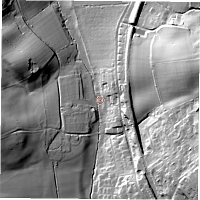 Shaded relief map of the ground around PO383EJ, computed from Environment Agency LiDAR. The ground here sits at about 62 m above sea level and falls 54 m across the surrounding 800 m. Surface water reaching this point runs off ground lying to the south-east, 44.5 m higher.