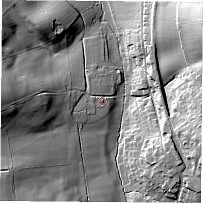 Shaded relief map of the ground around PO383EN, computed from Environment Agency LiDAR. The ground here sits at about 70 m above sea level and falls 50 m across the surrounding 800 m. Surface water reaching this point runs off ground lying to the west, 28.0 m higher.