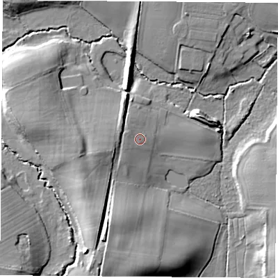 Shaded relief map of the ground around PO383LX, computed from Environment Agency LiDAR. The ground here sits at about 23 m above sea level and falls 18 m across the surrounding 800 m. Surface water reaching this point runs off ground lying to the west-south-west, 2.7 m higher.