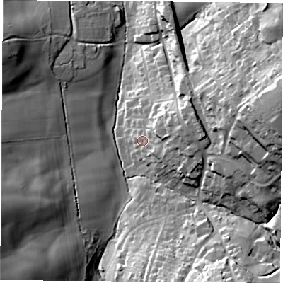 Shaded relief map of the ground around PO383PH, computed from Environment Agency LiDAR. The ground here sits at about 73 m above sea level and falls 51 m across the surrounding 800 m. Surface water reaching this point runs off ground lying to the east-north-east, 12.7 m higher.