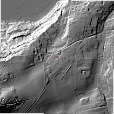 Shaded relief map of the ground around PO390ER, computed from Environment Agency LiDAR. The ground here sits at about 58 m above sea level and falls 107 m across the surrounding 800 m. Surface water reaching this point runs off ground lying to the south-south-west, 14.1 m higher.
