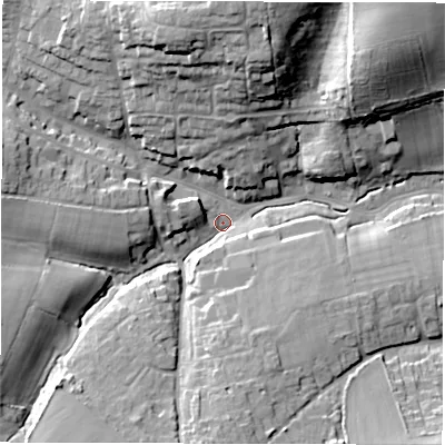 Shaded relief map of the ground around PO409AN, computed from Environment Agency LiDAR. The ground here sits at about 5 m above sea level and falls 27 m across the surrounding 800 m. Surface water reaching this point runs off ground lying to the west-south-west, 14.3 m higher.