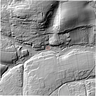 Shaded relief map of the ground around PO409AS, computed from Environment Agency LiDAR. The ground here sits at about 4 m above sea level and falls 29 m across the surrounding 800 m. Surface water reaching this point runs off ground lying to the north-north-west, 26.1 m higher.