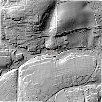 Shaded relief map of the ground around PO409AU, computed from Environment Agency LiDAR. The ground here sits at about 4 m above sea level and falls 29 m across the surrounding 800 m. Surface water reaching this point runs off ground lying to the north-north-west, 26.4 m higher.