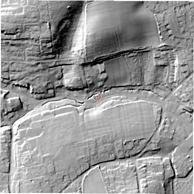 Shaded relief map of the ground around PO409AX, computed from Environment Agency LiDAR. The ground here sits at about 3 m above sea level and falls 30 m across the surrounding 800 m. Surface water reaching this point runs off ground lying to the north-north-west, 27.6 m higher.