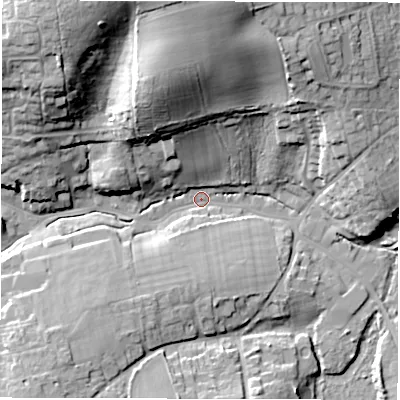 Shaded relief map of the ground around PO409AZ, computed from Environment Agency LiDAR. The ground here sits at about 3 m above sea level and falls 30 m across the surrounding 800 m. Surface water reaching this point runs off ground lying to the north-west, 28.0 m higher.