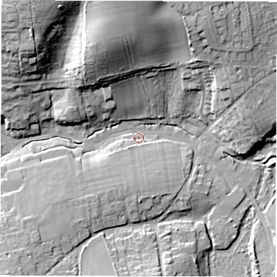 Shaded relief map of the ground around PO409BA, computed from Environment Agency LiDAR. The ground here sits at about 3 m above sea level and falls 30 m across the surrounding 800 m. Surface water reaching this point runs off ground lying to the north-west, 28.1 m higher.