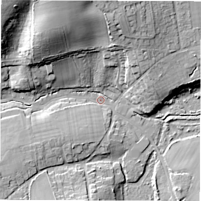 Shaded relief map of the ground around PO409BB, computed from Environment Agency LiDAR. The ground here sits at about 2 m above sea level and falls 30 m across the surrounding 800 m. Surface water reaching this point runs off ground lying to the north-west, 28.7 m higher.