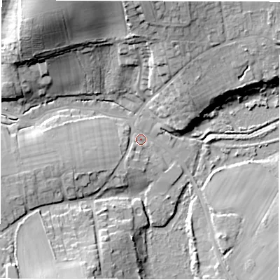 Shaded relief map of the ground around PO409BD, computed from Environment Agency LiDAR. The ground here sits at about 2 m above sea level and falls 26 m across the surrounding 800 m. Surface water reaching this point runs off ground lying to the north-west, 24.9 m higher.