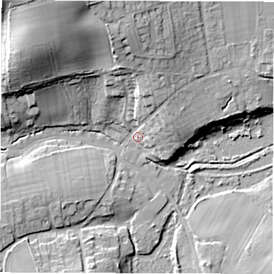 Shaded relief map of the ground around PO409BG, computed from Environment Agency LiDAR. The ground here sits at about 4 m above sea level and falls 28 m across the surrounding 800 m. Surface water reaching this point runs off ground lying to the north, 18.6 m higher.