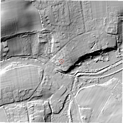 Shaded relief map of the ground around PO409DP, computed from Environment Agency LiDAR. The ground here sits at about 8 m above sea level and falls 27 m across the surrounding 800 m. Surface water reaching this point runs off ground lying to the north-north-east, 4.9 m higher.