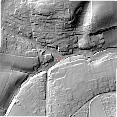 Shaded relief map of the ground around PO409DS, computed from Environment Agency LiDAR. The ground here sits at about 5 m above sea level and falls 27 m across the surrounding 800 m. Surface water reaching this point runs off ground lying to the north, 24.4 m higher.