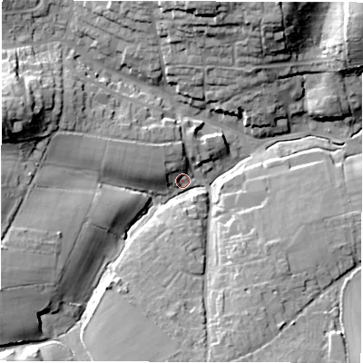 Shaded relief map of the ground around PO409EP, computed from Environment Agency LiDAR. The ground here sits at about 7 m above sea level and falls 28 m across the surrounding 800 m. Surface water reaching this point runs off ground lying to the west-north-west, 25.1 m higher.
