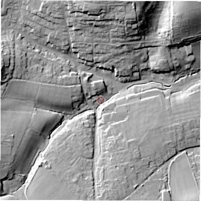 Shaded relief map of the ground around PO409ER, computed from Environment Agency LiDAR. The ground here sits at about 5 m above sea level and falls 25 m across the surrounding 800 m. Surface water reaching this point runs off ground lying to the west-south-west, 16.1 m higher.