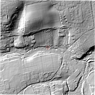 Shaded relief map of the ground around PO409FN, computed from Environment Agency LiDAR. The ground here sits at about 3 m above sea level and falls 30 m across the surrounding 800 m. Surface water reaching this point runs off ground lying to the north-west, 28.6 m higher.