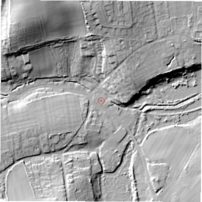 Shaded relief map of the ground around PO409LD, computed from Environment Agency LiDAR. The ground here sits at about 2 m above sea level and falls 26 m across the surrounding 800 m. Surface water reaching this point runs off ground lying to the north-west, 25.0 m higher.