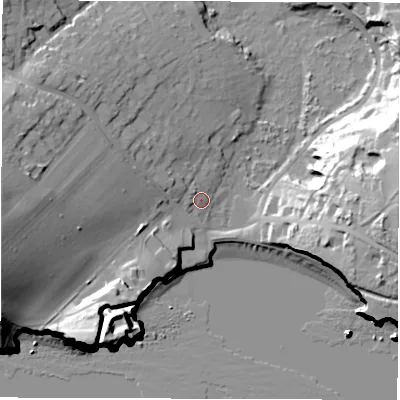 Shaded relief map of the ground around PO409QU, computed from Environment Agency LiDAR. The ground here sits at about 4 m above sea level and falls 35 m across the surrounding 800 m. Surface water reaching this point runs off ground lying to the west-north-west, 5.7 m higher.